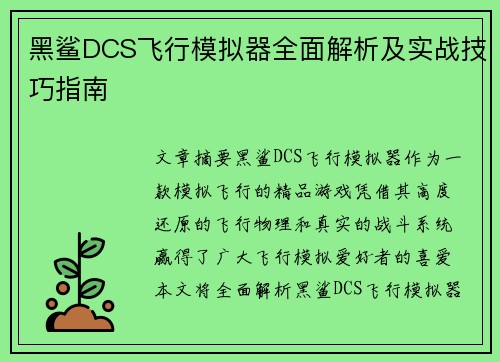 黑鲨DCS飞行模拟器全面解析及实战技巧指南
